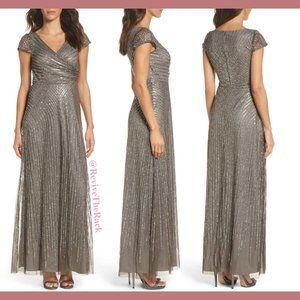 NEW $299 Adrianna‎ Papell Sequin Faux Wrap Gown in Lead [Size 8 ]